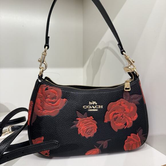 Coach Teri Shoulder Bag With Floral Print CCE28 Black/Red - Picture 3 of 9